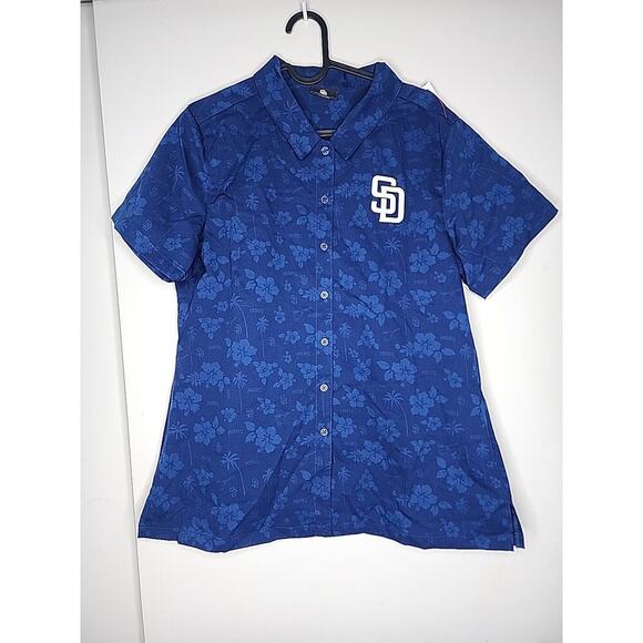 San Diego Padres Hawaiian Womens Shirt Padres Logo‎ Hibiscus & Palm Stadium NWOT - Picture 1 of 5